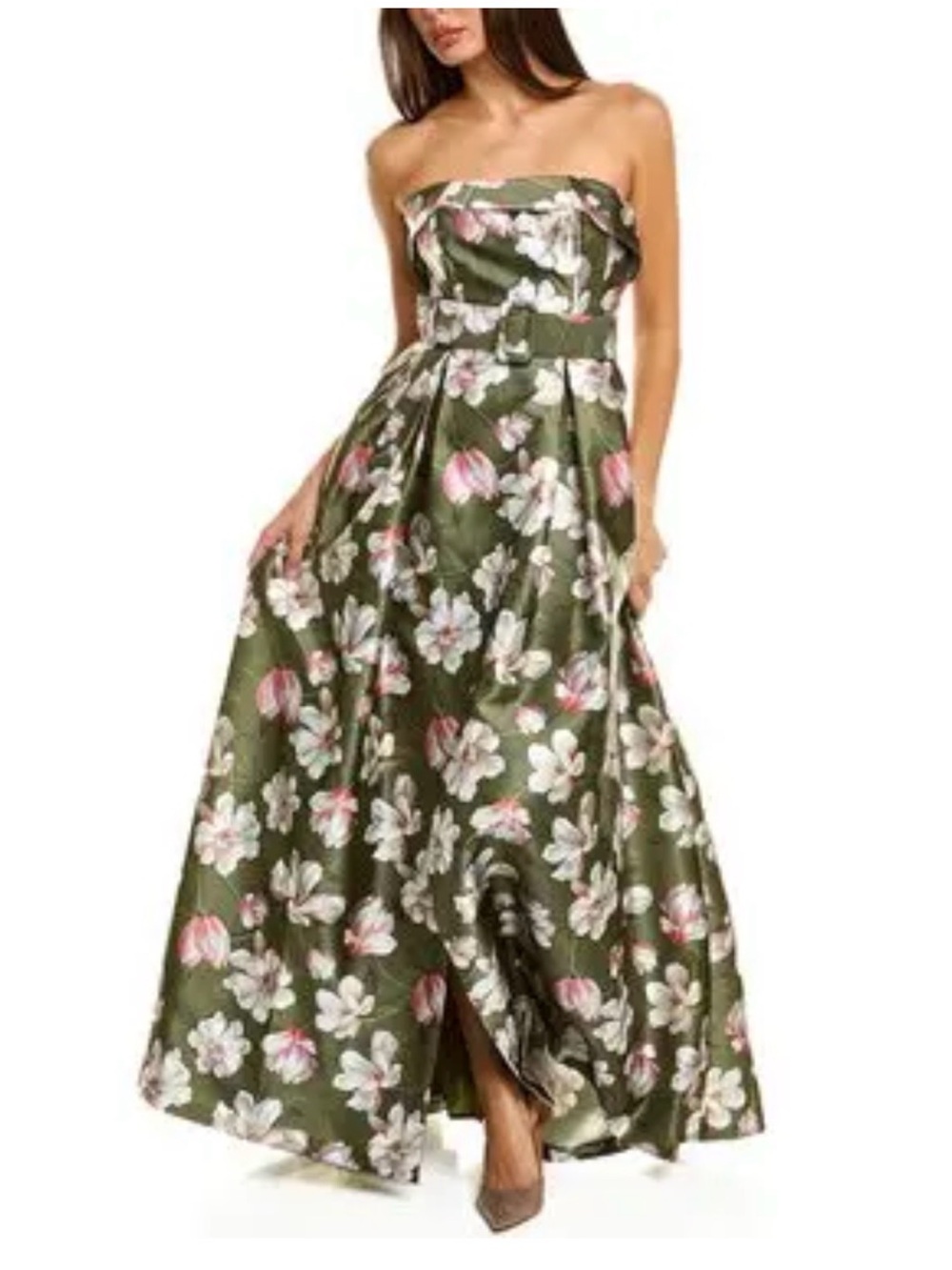 Sachin + Babi Olive Green Floral Strapless Maxi Dress